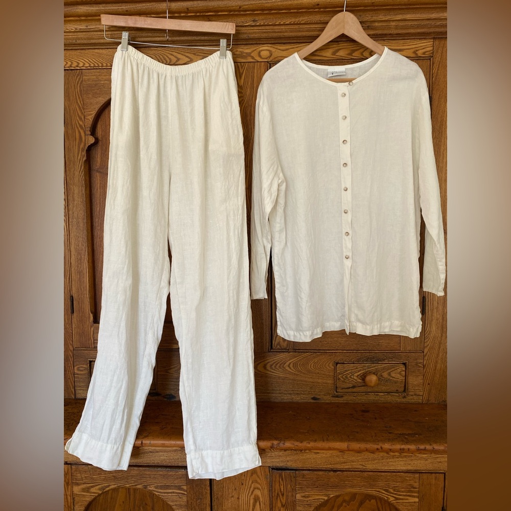 Cut Loose white rough linen set top bottom pants shirt jacket S M high waist